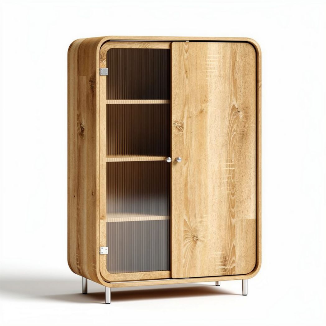 Houten kast met glazen deuren en drie planken 80 x 50 x 130cm