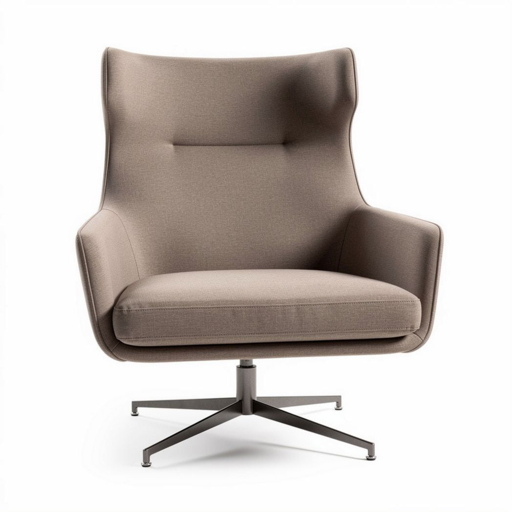 Fauteuil ontworpen voor comfort met een stof bekleding in taupe kleur en een metalen basis