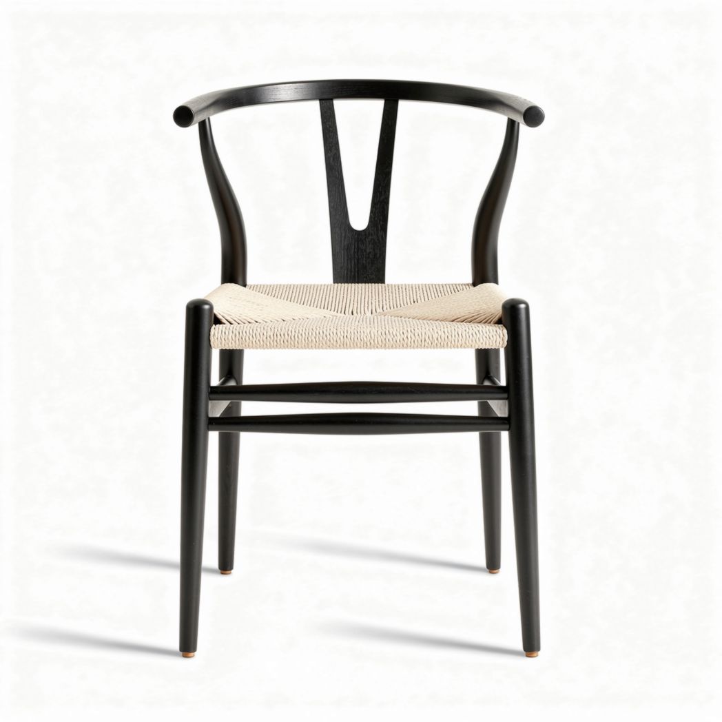 Houten eetkamerstoel met naturel jute zitting en zwart gelakt frame 45 x 50 x 80cm