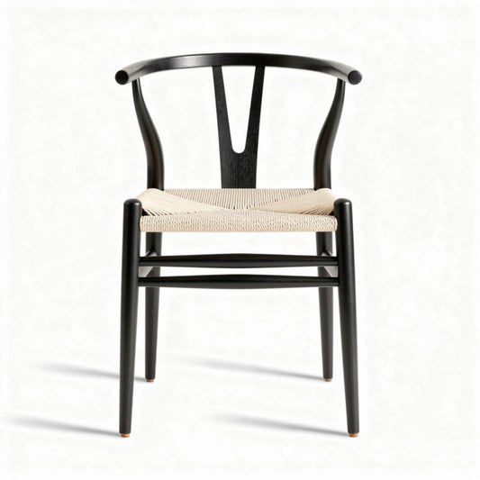 Houten eetkamerstoel met naturel jute zitting en zwart gelakt frame 45 x 50 x 80cm